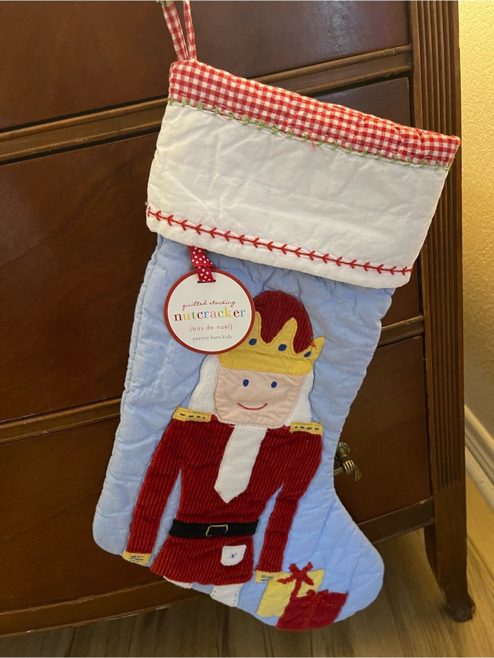 Pottery barn Nutcracker Quilted Christmas Stocking in Light Blue, Red & White